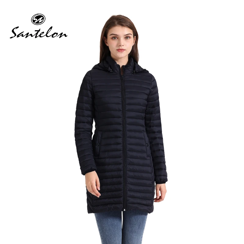 SANTELON Winter Women Loose Long Parka Coat With Detachable Hood Female Soild Ultralight Portable Warm Padded Cotton Outwear