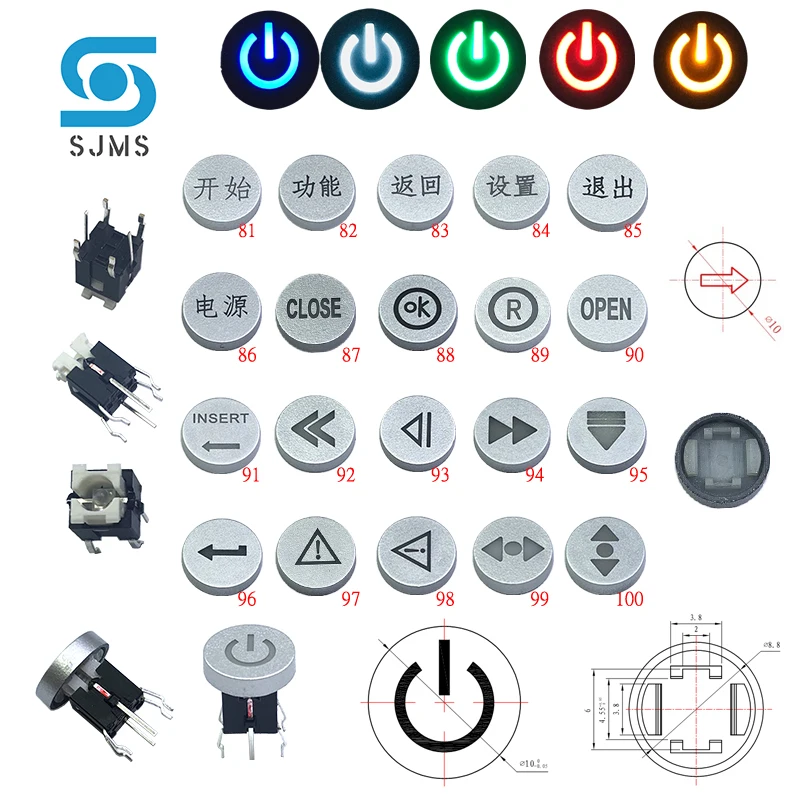 

SJMS 5Pcs 6*6*9.5mm ® Open OK Close INSERT Round Power Symbol Led Light Momentary Push Button Tact Switch