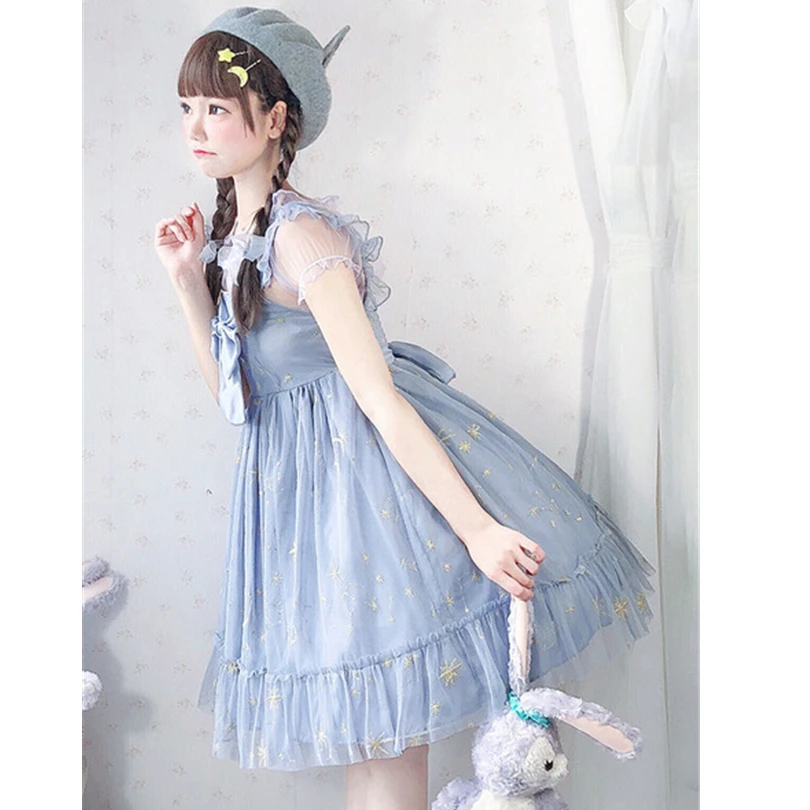 Sweet Lolita JSK Dress Stars Gilding Bows Pewter Lolita Jumper Skirts