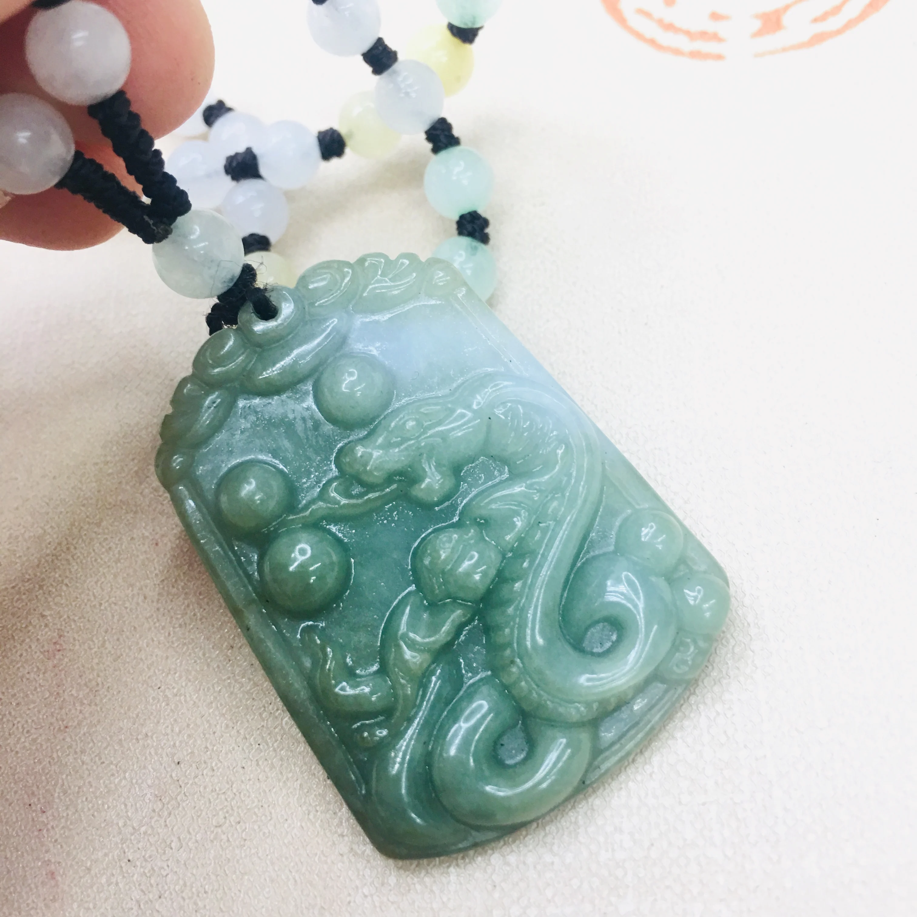 Pure natural Emerald jade Hand-carved large oil zombie snake pendant with emerald three-color bead necklace sweater chain