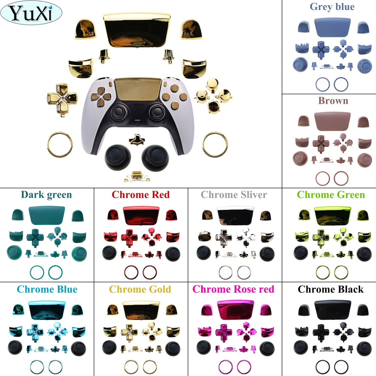 Yuxi botões de cromo para ps5 punho polegar varas joystick anel l1 r1 l2 r2 d-pad botão para ps5 controlador