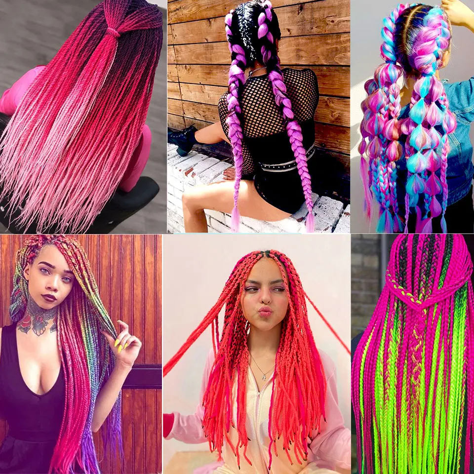 24Inch Synthetic Braids Rainbow Hair Ombre Color Green Pink Yellow Blonde Braids Clip on Hair Extension Twist Jumbo MUMUPI