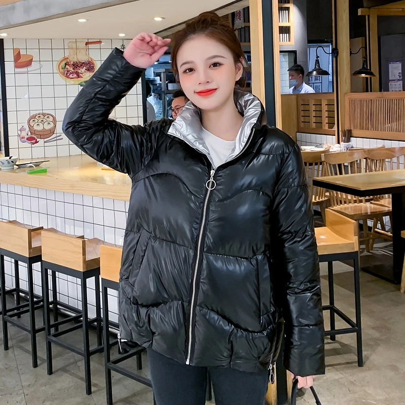 

Fad Women's Winter Parkas Oversized Glossy Female Jacket Short Style Solid Casual Stand Collar Plus Size Thick Loose Overcoat