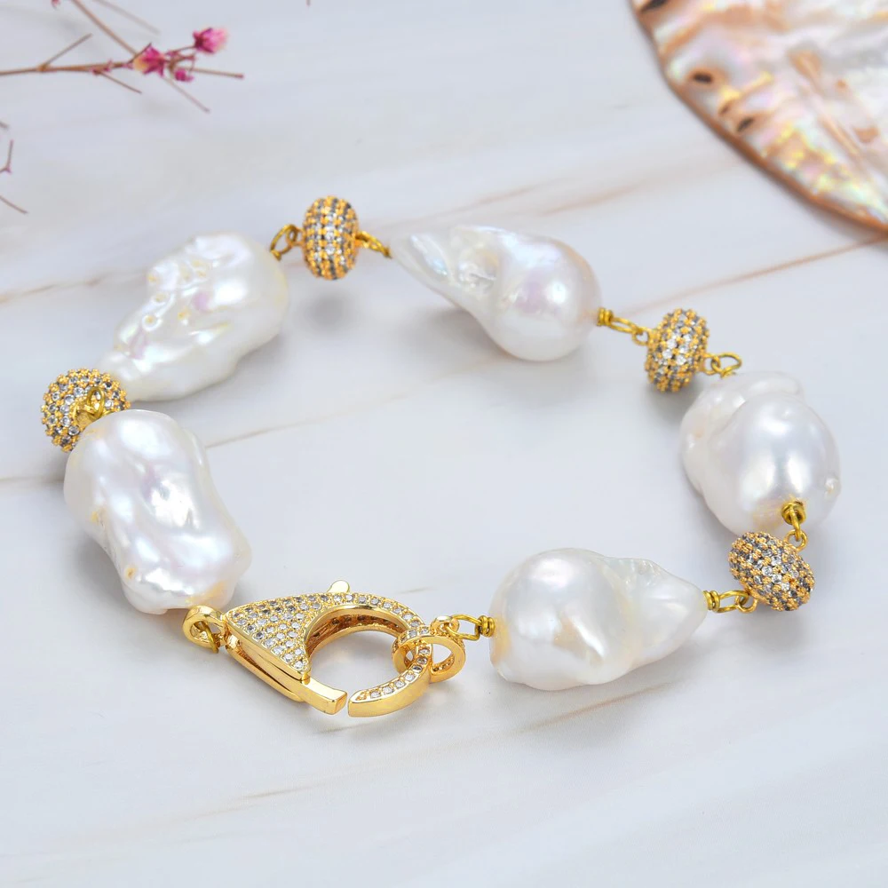 

Natural Pearl Classic 8" Freshwater White Baroque Keshi Pearl Bracelet CZ pave Beads Connectors Women Fashion Jewelry