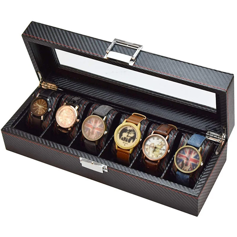 Watch Storage Box 6 Slots Display Holder Case Leather Carbon Fiber Jewelry Bracelet Collection Organiser with Glass Lid