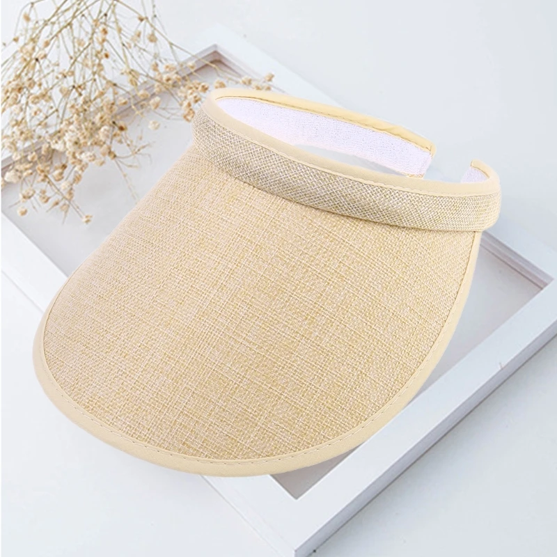 Women Ladies Summer Weave Straw Empty Top Beach Cap Clip-On Solid Color Large Wide Brim UV Protection Breathable Sun Visor Hat