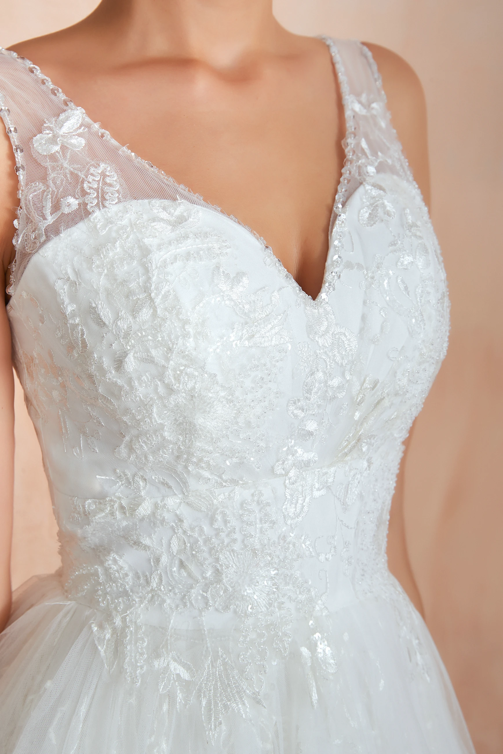 JaneVini – robe De mariée De princesse en dentelle blanche, ligne A, col en V, sans manches, perlée, grande taille, 2019