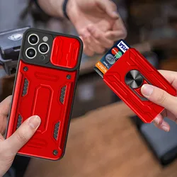 Hidden Slide Card Slot Lens Protective Case For iPhone 17 16 15 14 13 Pro Max 12 11 XR XS MAX 8 7 Plus SE 2022 Magnet Ring Cases