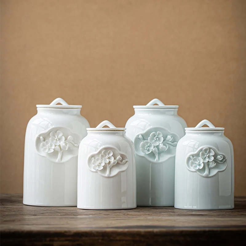 

Ручная работа, керамические чайные банки с герметичной крышкой, рельефная слива, украшение, домашний влагостойкий контейнер для чая, домашние аксессуары