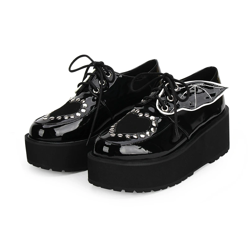 

Gothic Lolita Shoes Dark Loli Wedge New Devil Wings Rivet Platform Cos Lolita Shoes Thick Bottom Black/pink Gothic Women