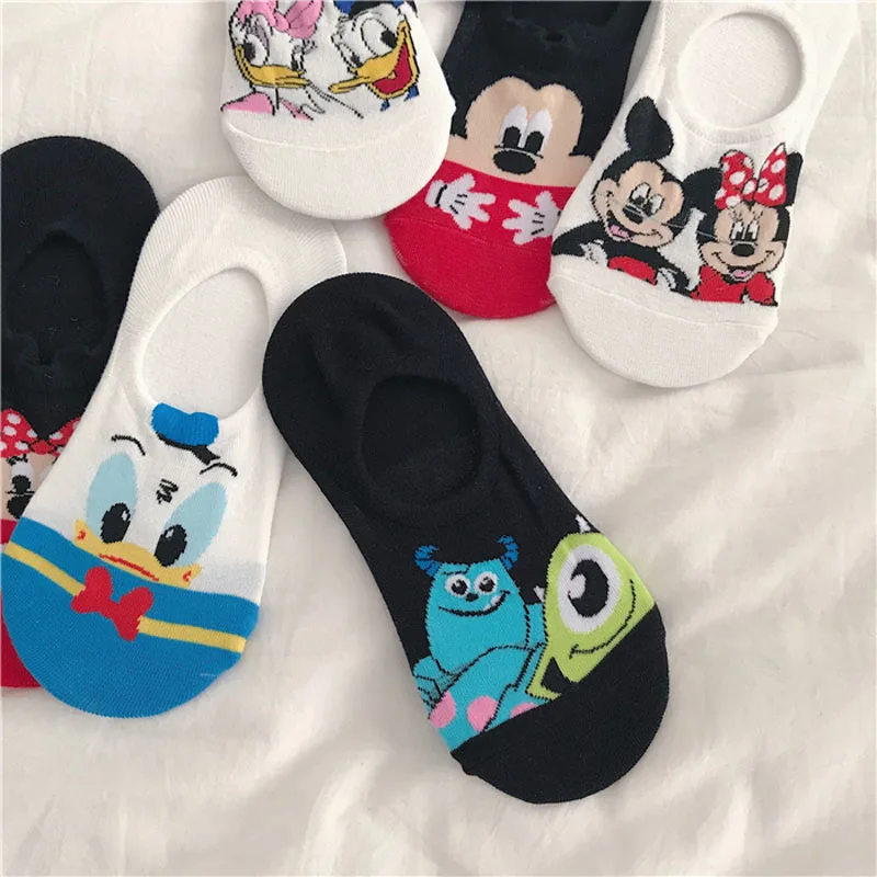 Chaussettes Disney en coton doux pour femmes, chaussettes invisibles, chaussettes amusantes, dessin animé animal, souris, canard, décontracté, mignon, été, taille 34-40, 5 paires