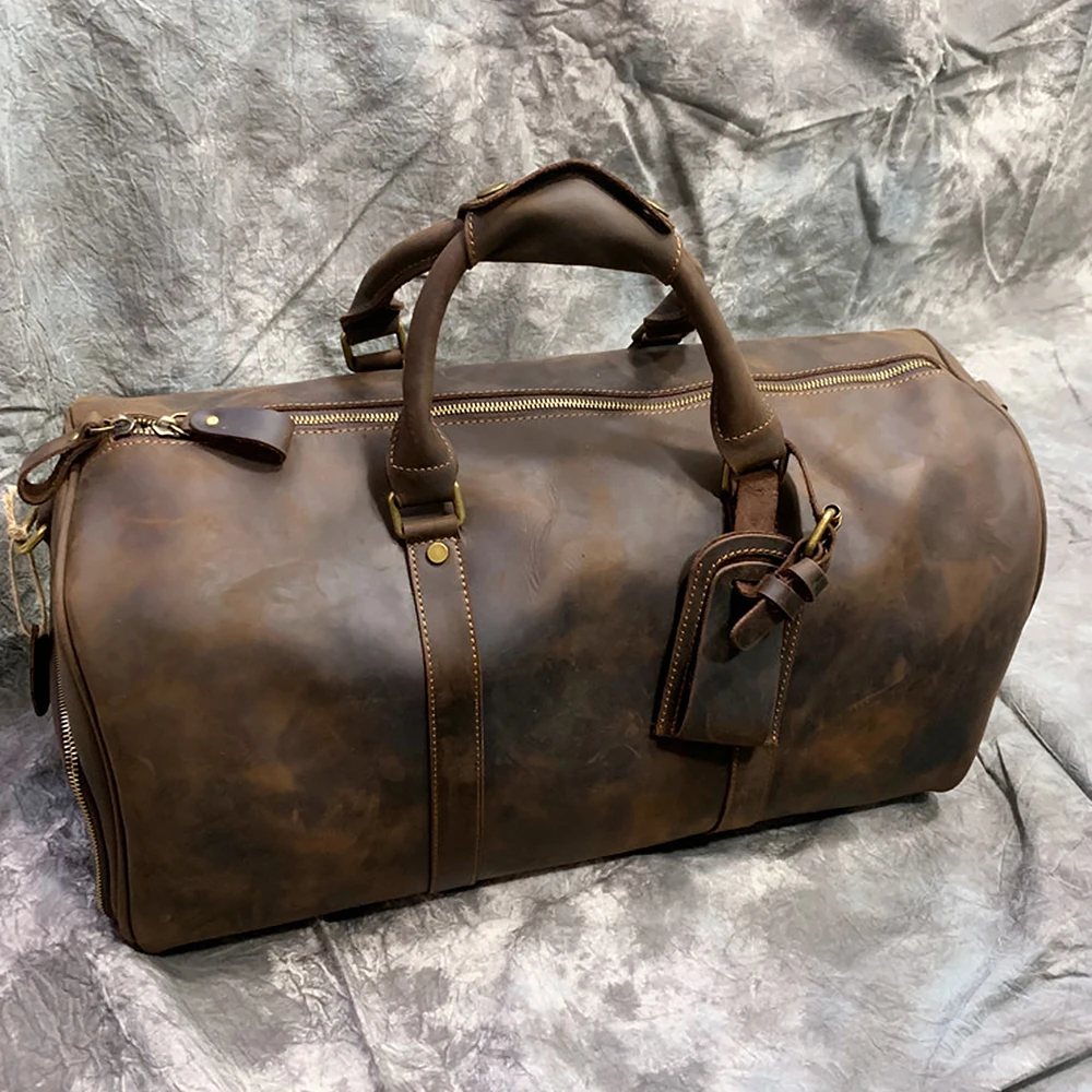 MVA Vintage Leather Duffel Bag For Men Women Full Grain Cowhide Leather Large Travel Bag Gym Sports Overnight Weekender Bags Big