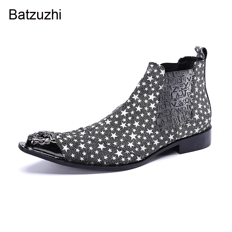 Batzuzhi Personality Men's Ankle Boots Drak Grey with Stars Leather Ankle Boots for Men Slip on Motorcycle/Party Botas, EU38-46