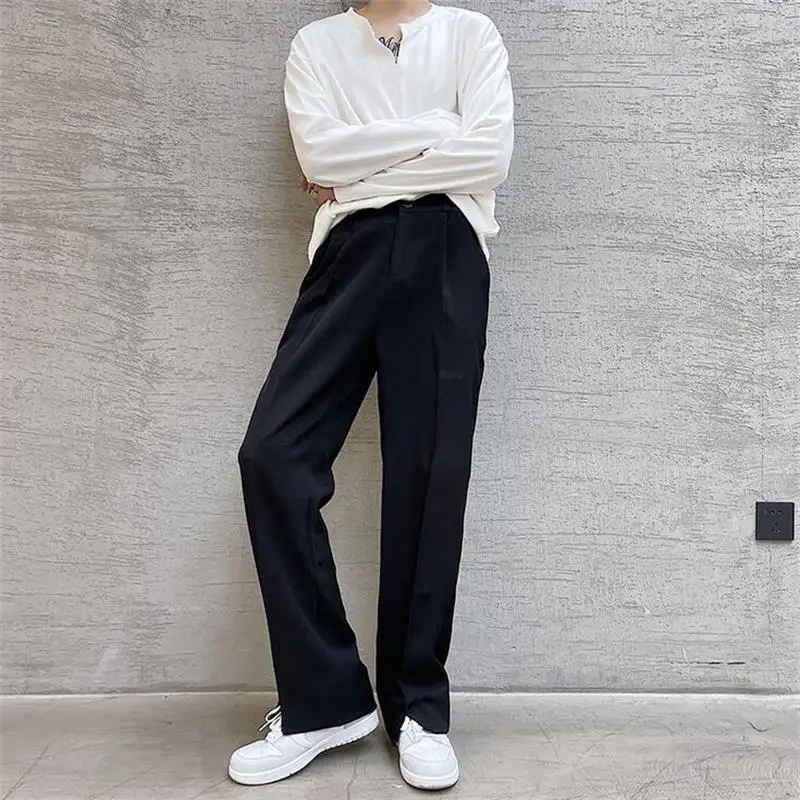 Men Straight Leg Suit Pants Spring And Autumn New Korean Slim British Fashion Slit Design Pure Color Versatile Pants