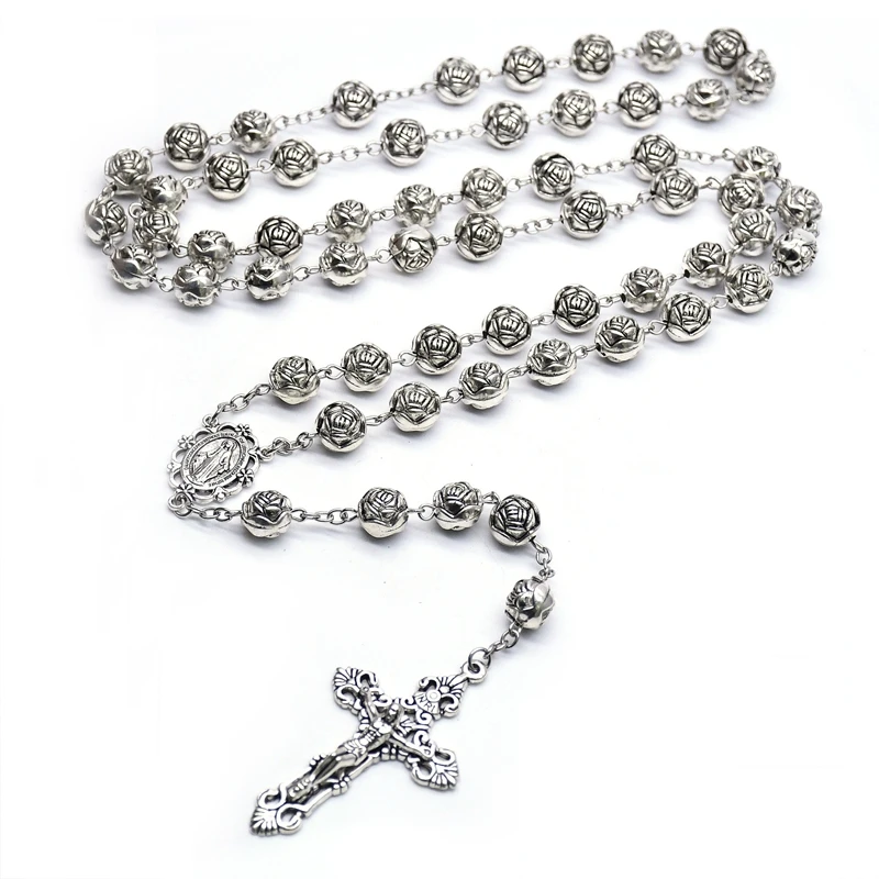 QIGO 10mm Vintage Cross Pendant Plastic Rose Rosary Necklace Catholic Prayer Jewelry Gifts