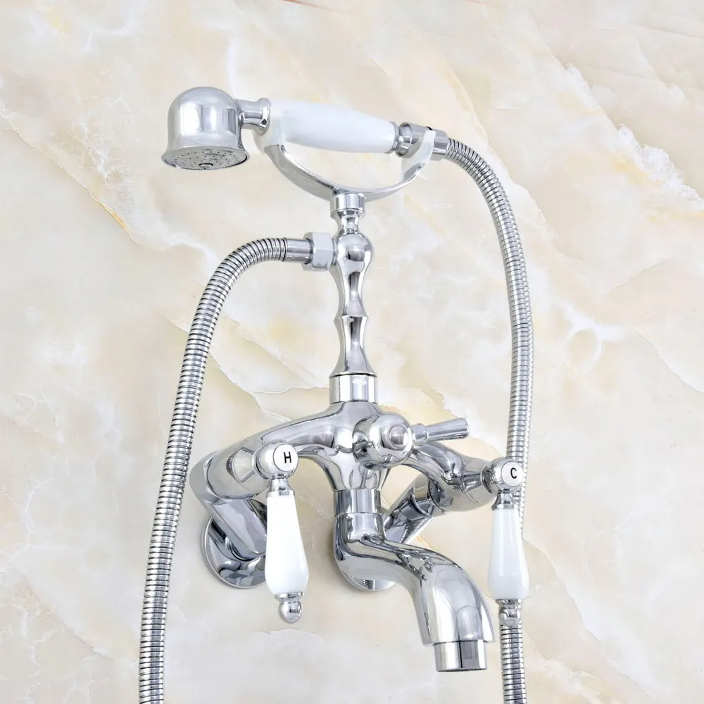 

Polished Chrome Brass Wall Mounted Dual Ceramic Handles Clawfoot Bathtub Faucet Handshower - Adjusts From 3-3/8" aqg401