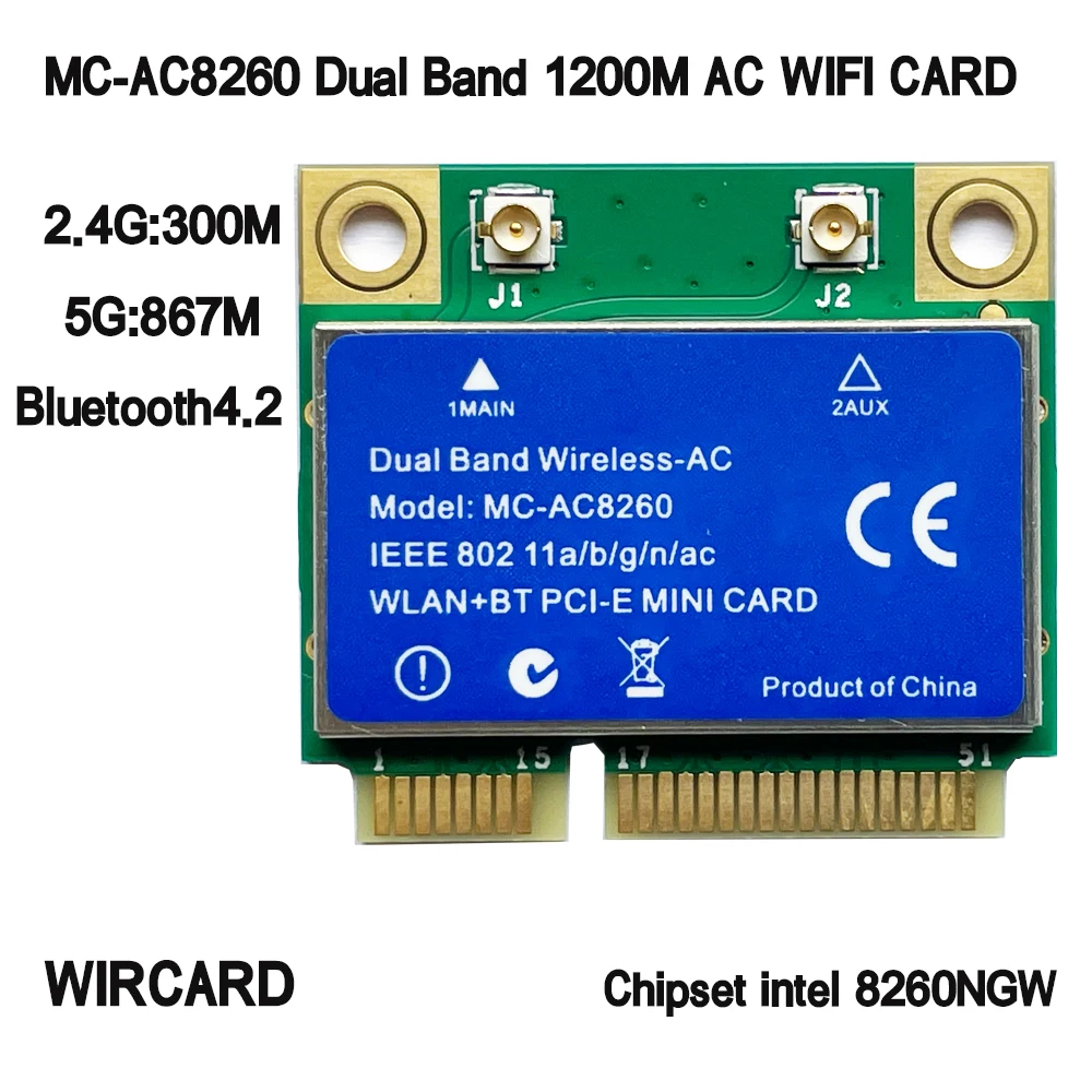 

WIRCARD MC-AC8260 Dual Band 1200M WIFI CARD 802.11ac BT 4,2 MINI PCI-E 2,4G/5G для 8260NGW 8260D2W
