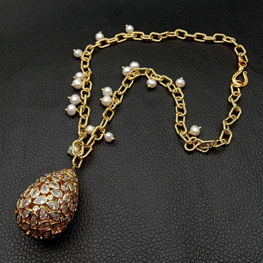 

Y·YING 19'' White Pearl Yellow Gold Plated Chain Necklace CZ Pave Teardrop Pendant