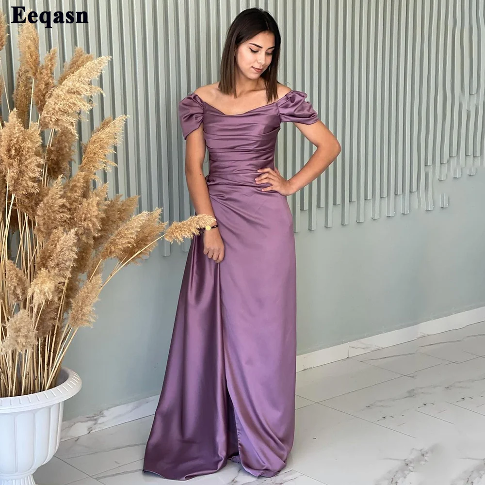 Eeqasn Purple Sheath Party Dresses For Bridemaid Off The Shoulder Sleeves Women Wedding Guest Dress Pleated Slit Prom Gowns