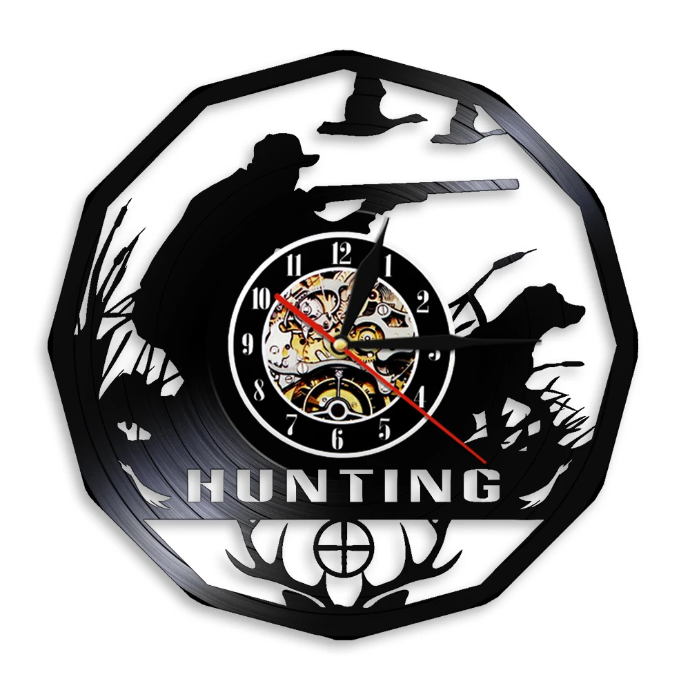 Hunting Vinyl Record Wall Clock Wildlife Woodland Animals Deer Hunter Man Gift Modern Silent Clock Watch Hunting Club Wall Decor