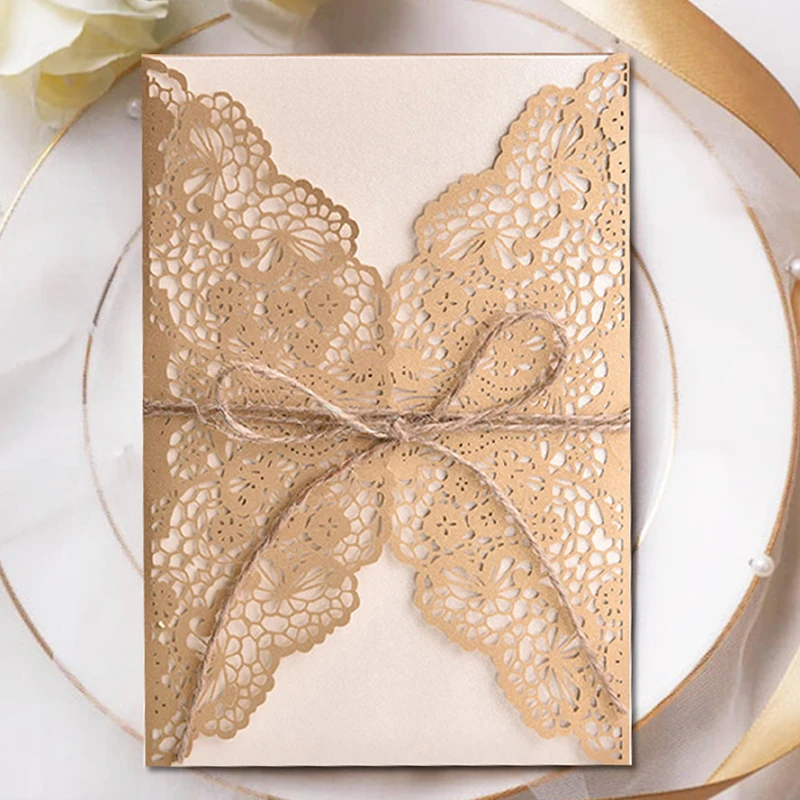 10pcs Elegant Laser Cut Bridal Favor Wedding Invitations Card Lace Pocket Greeting Customize Invites Card Printing Party Decor - view 2