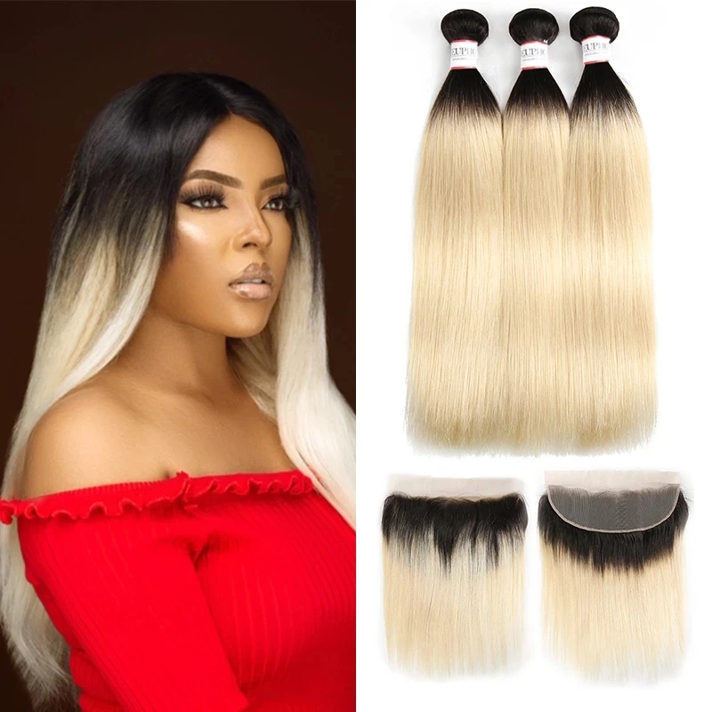 Ombre Blonde Straight Bundles With Frontal Honey 1B 613 Brazilian Remy Human Hair 3 Bundles With Lace Closure Frontal EUPHORIA