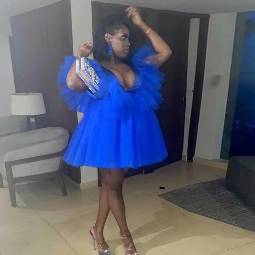 Chique Royal Blue Prom Dress Short Tulle Fluffy Ruffles Plus Size Fashion Lush Party Dressing Gowns Knee Length Sexy