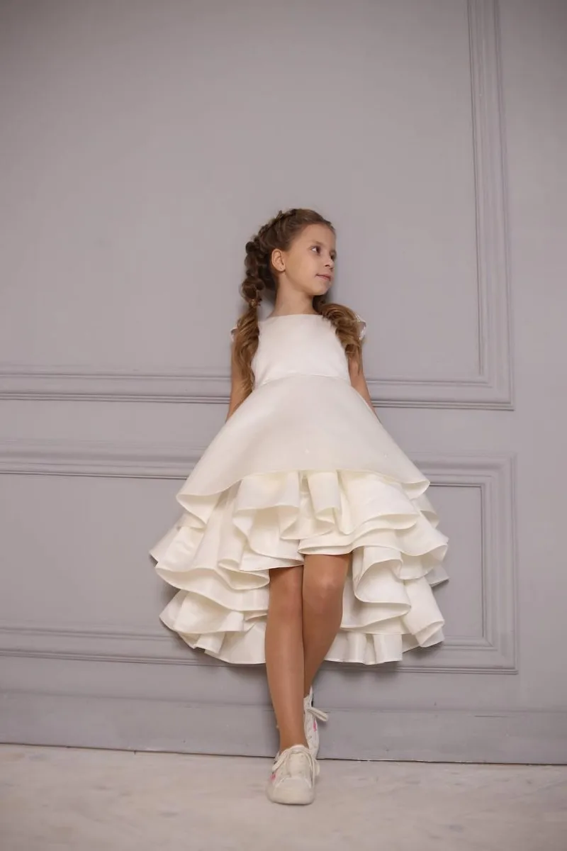 งาช้างลูกไม้ Tulle Ball Gown ชุดเดรสดอกไม้ Puffy ซาตินโบว์ชุดเจ้าหญิงชุดยาวเด็กชุดแต่งงาน