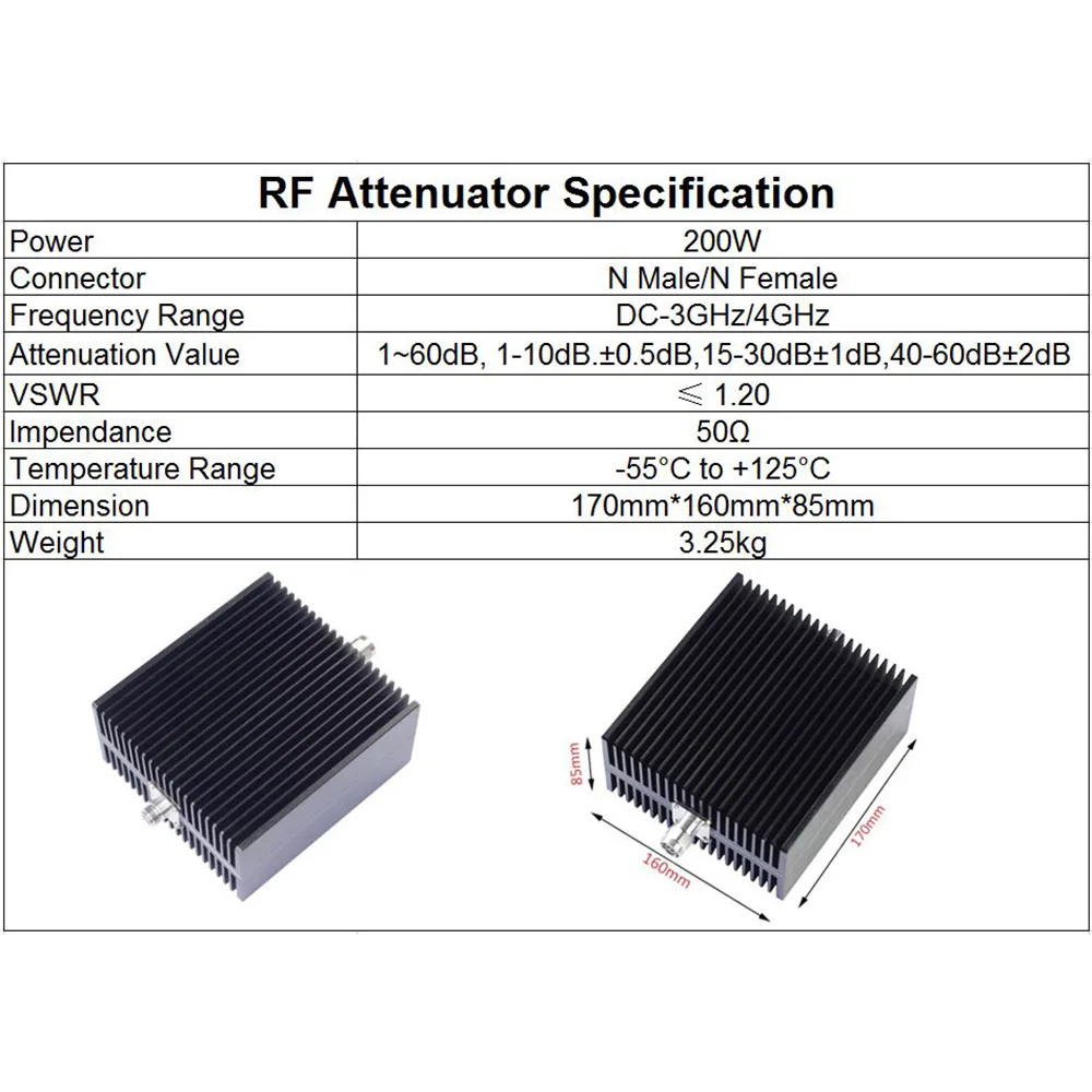 200W N Type Attenuator DC-3Ghz/4Ghz 1db~60db N Male Plug to Female Jack RF coaxial Attenuator 50ohm RF Accessory High Power