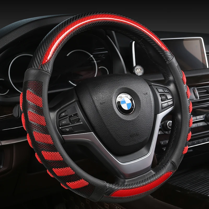 Carbon Fiber Cowhide Car Steering Wheel Cover 38CM Non-slip Wear-resistant Sweat Absorbing Fashion Sports Steering Wheel Cover