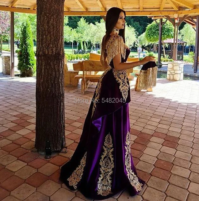 LORIE Moroccan Caftan Evening Dress with Detachable Train Gold Appliques Velvet Mermaid Dubai Arabic Prom Gown Party Dress 2021