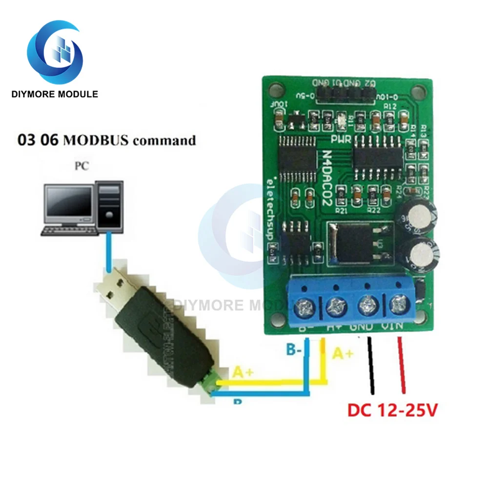 DC 12V 2CH DAC 모듈, PWM-전압 아날로그 컨버터, RS485 Modbus RTU 보드, 0-5V, 0-10V