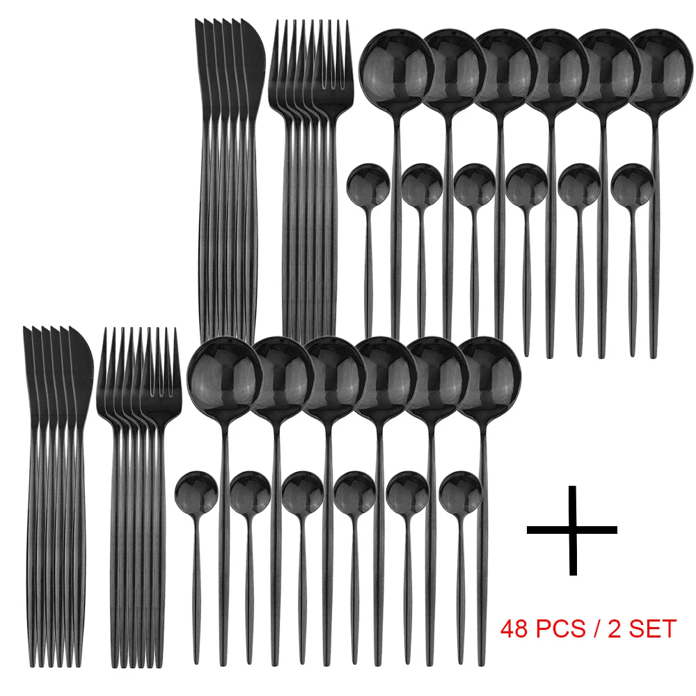 48Pcs/2Set Dinnerware Sets Knives Forks Spoons Set Stainless Steel Cutlery Sets Kitchen Flatware Hotal Mirror Black Tableware