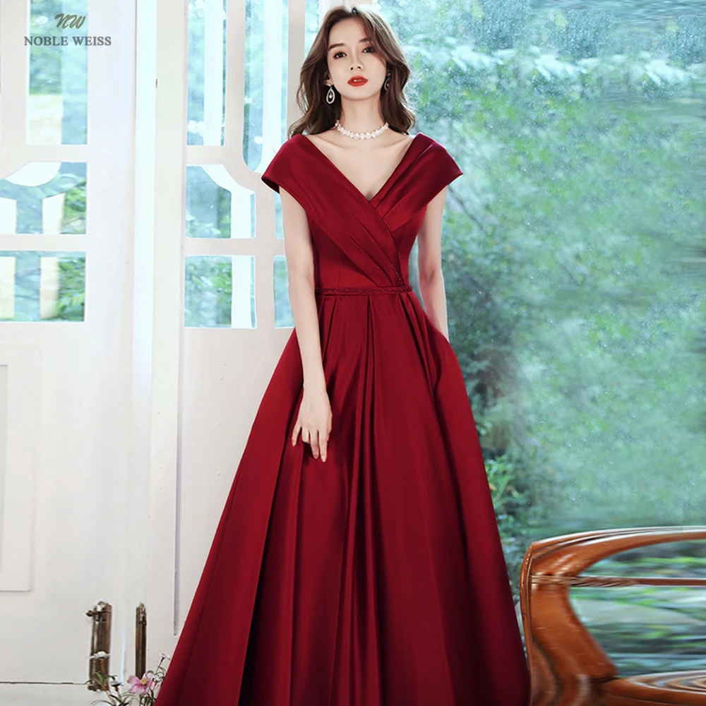 Robe de soirée longue en Satin, col en v, ligne a, longueur au sol, tenue de bal plissée