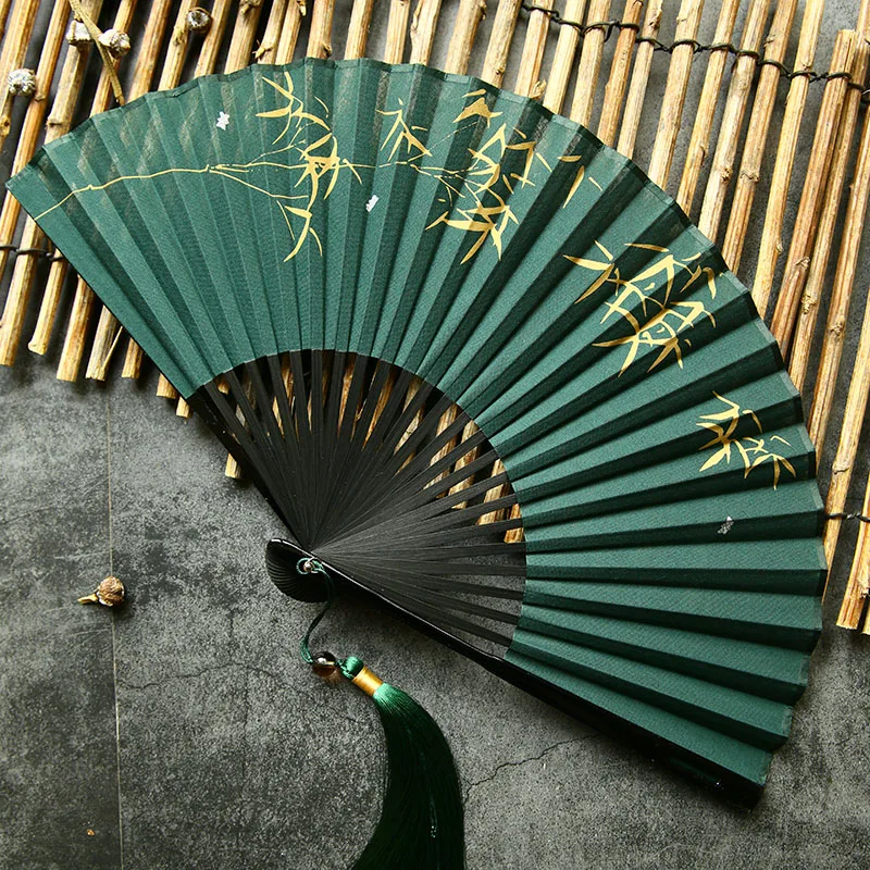 Folding Fan 22*39cm Dark Green Bamboo Fan Japanese Ventilatore Portable Ancient Chinese Style Abanicos Para Boda Gift Summer