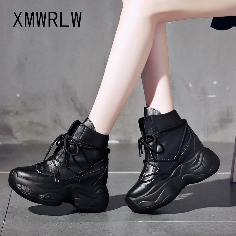 

XMWRLW Women's Chunky Shoes High Heels Black Sneakers For Women Spring Autumn Shoes PU Leather Female Rubber Sole Sneakers Shoe