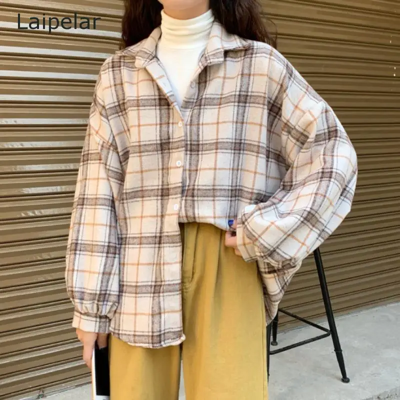 2020 Women\'s Fashion Retro Style Plaid Long-Sleeved Shirt All-Match Casual Cardigan Blouse Top