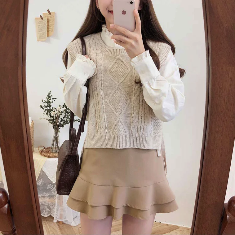 Winter Spring Basic Wear Tops Knitted Sweater Women Fashion Sleeveless Vest Design Brown Knitting Vest Korea Style 9802