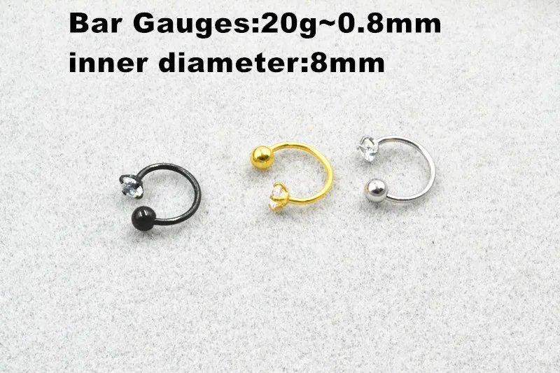 LOT50pcs Body Jewelry - Surgical Steel CZ 20gx8mm Ear/Nose/ Lip Labret  Bar Lip Piercing CBR Horseshoes Sliver/Black/Gold