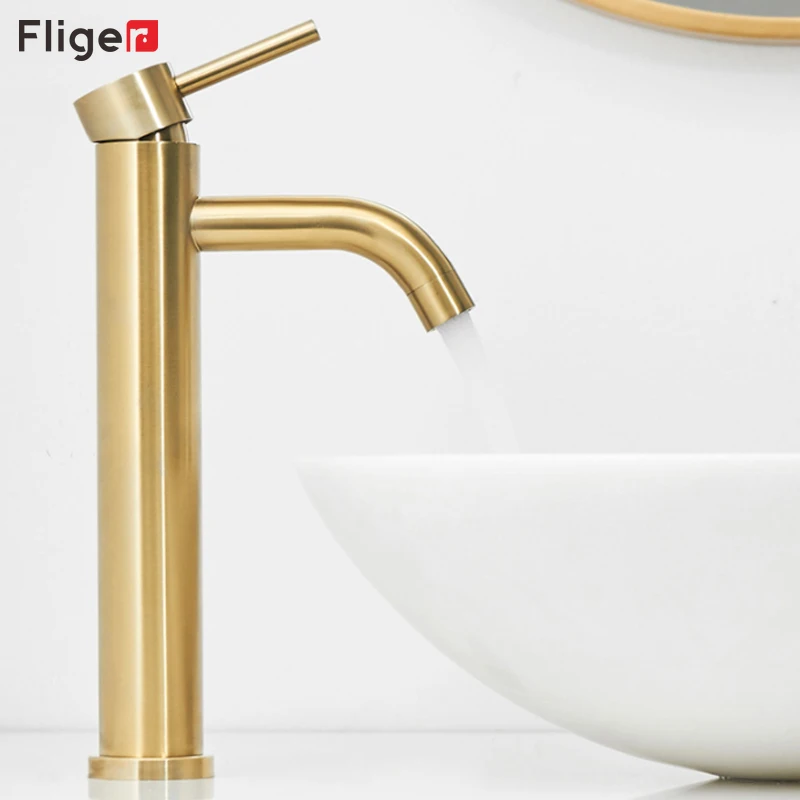 

Fliger Tall Basin Faucets Brushed Gold Bathroom Sink Mixer Hot Cold Water Mixer Tap Waterfall Bathroom Crane Grifos De Baño