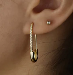 New Fashion Party Punk Personality Gold Color Safety Pin Puncture Hoop Earrings For Elegant Women Lady Delicate Tiny Jewelry