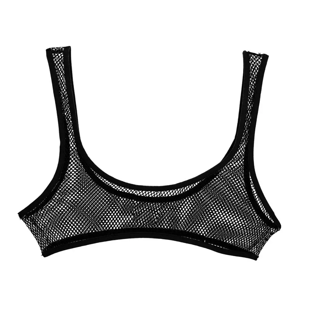 Women Fishnet Cropped Tank Top Lingerie See Through Fishnet Hollow Out Wide Shoulder Straps Deep U-neckline Vest Crop Bra Top