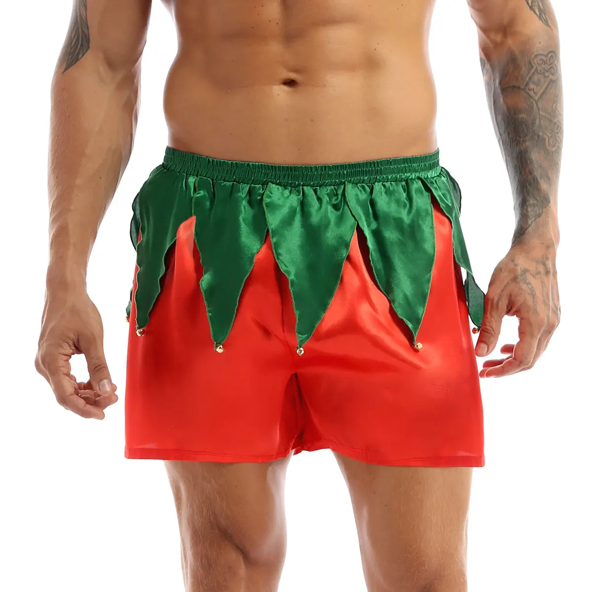 Mens Christmas Elf Boxer Shorts Underwear Lounge Trunks Underpants Shiny Satin Santa Claus Xmas Cosplay Costume