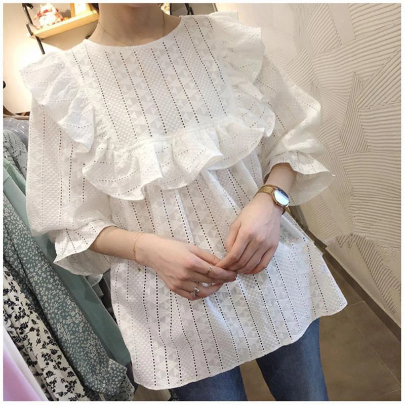 New Arrival Spring Summer Womens Tops And Blouses Hollow Out Embroidery Loose Shirt Ruffles White Sweet Lace Blouse D315