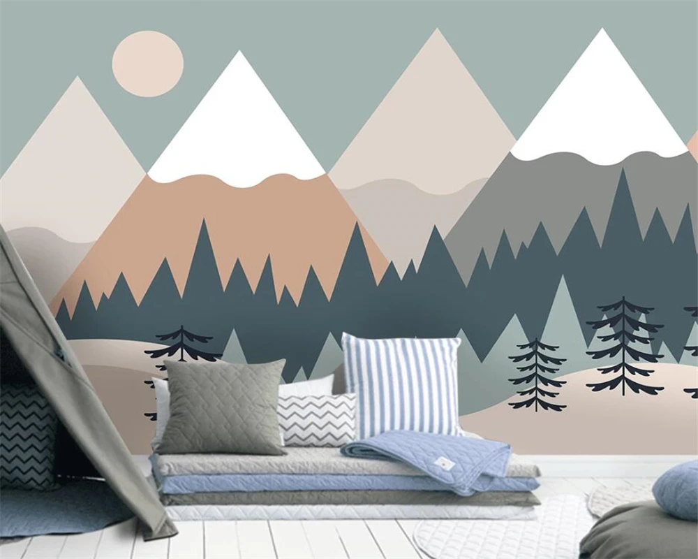 beibehang Customized modern geometric woods mountain pine tree children's room cartoon background papel de parede wallpaper