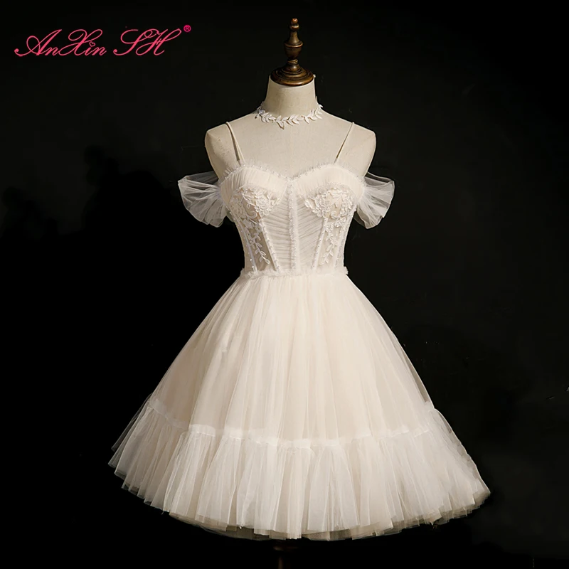 AnXin SH princess white flower lace spaghetti strap beading pearls big bow short customized evening dress little white dress