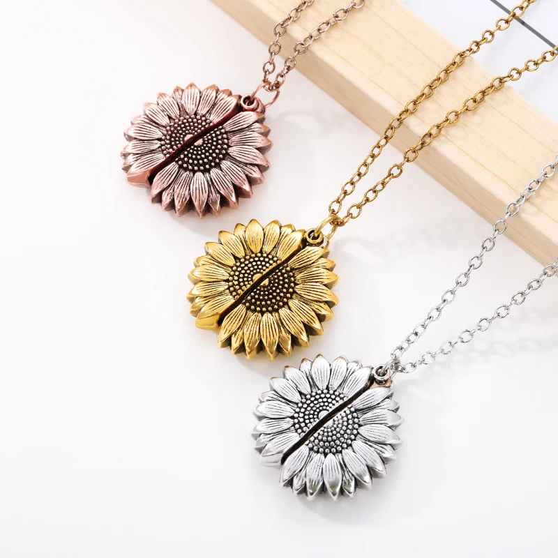 You Are My Sunshine Sunflower Necklace Long Sliver Color Chain Stainless Steel Open Sunflower Necklace Accesories For Women