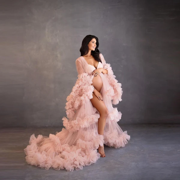 

Sweet Pink Ruffled Tulle Long Maternity Dresses Robe For Photo Shoot Puffy Ruffles Pleated Pregnancy Party Dress With Train