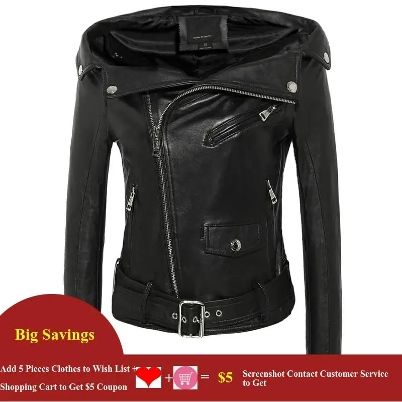 Motorcycle Sheepskin Genuine Leather Jacket Women Autumn Slash Neck Sexy Zipper Biker Bomber Jacket Slim Fit Short Jacket Coat