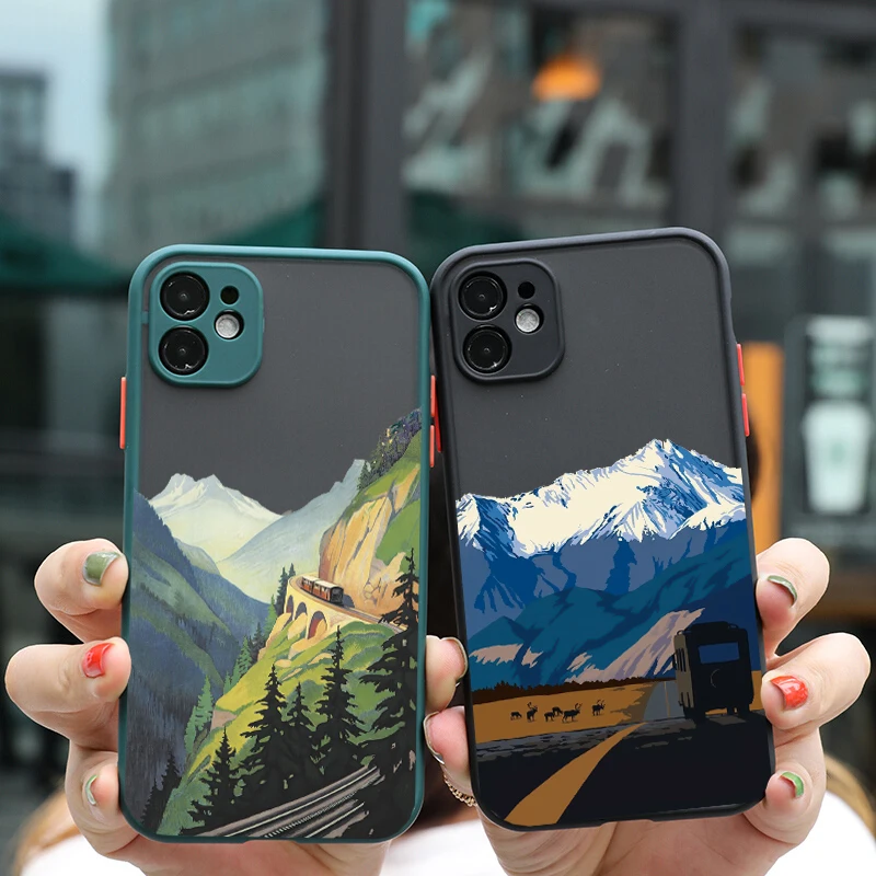 Aesthetic Art Hand Painted Pattern Mountain Scenery Phone Case for iphone 11 12 13 14 15 Pro Max 15 14 7 8 Plus SE X XR XS Cover